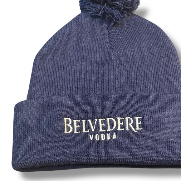 Belvedere Vodka Knit Beanie Hat Cap Pom Cuff Spirit Ski Snowboard OS Navy Blue - Picture 6 of 11